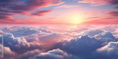 Skyscape With Clouds In Warm Glow Of Sunrise. Sunrise Over Clouds in Pastel Colored Sky. Generative AI