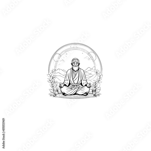 Oldman sitting in a lotus position with a mountain in the background black and white svg generative ai