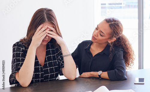 Business woman, management and stress in burnout, friends and advice with empathy in office. Anxiety, pressure and headache for employee for paperwork, review and task by frustrated or team support