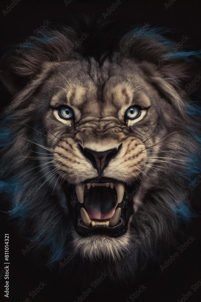 Obraz premium Portrait of a majestic lion set against a black background. Looking straight at the camera. Soft blue glow rim lighting the animal figure. With a retro vintage sepia tint. Fierce animal.