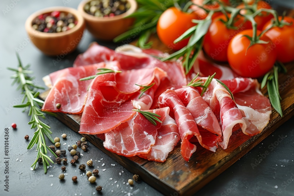 A close-up shot showcasing the texture of sliced prosciutto with ripe tomatoes and fragrant herbs A close-up shot showcasing the texture of sliced prosciutto with ripe tomatoes and fragrant herbs