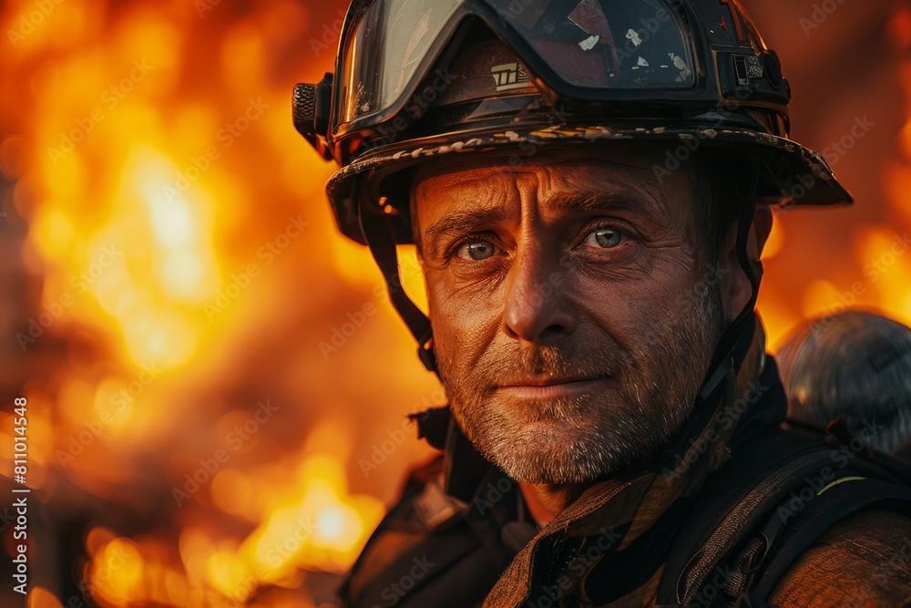 Close portrait of a seasoned firefighter, facing the camera, with a resolute look and a fire in the background