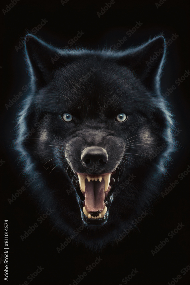 Portrait of a black fur wolf set against a black background. Looking straight at the camera. Soft blue glow rim lighting the animal figure. With a retro vintage sepia tint. Fierce animal. Portrait of a black fur wolf set against a black background. Looking straight at the camera. Soft blue glow rim lighting the animal figure. With a retro vintage sepia tint. Fierce animal.