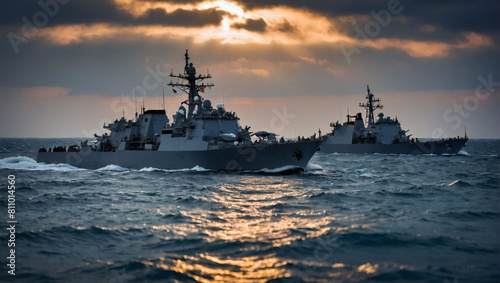 Naval Presence  Military vessels patrol the open sea  a formidable display of maritime power.