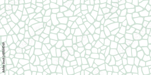 Abstract giraffe skin spots seamless pattern. White organic cut out mosaic stone shapes print on pastel green background