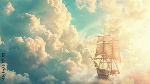 A vintage sailing ship flying in air above clouds. Fantasy wallpaper. photo