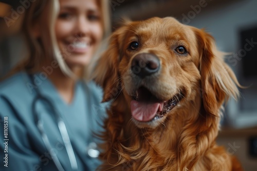Golden retriever with tongue out  bright eyes  and a veterinarian partially visible