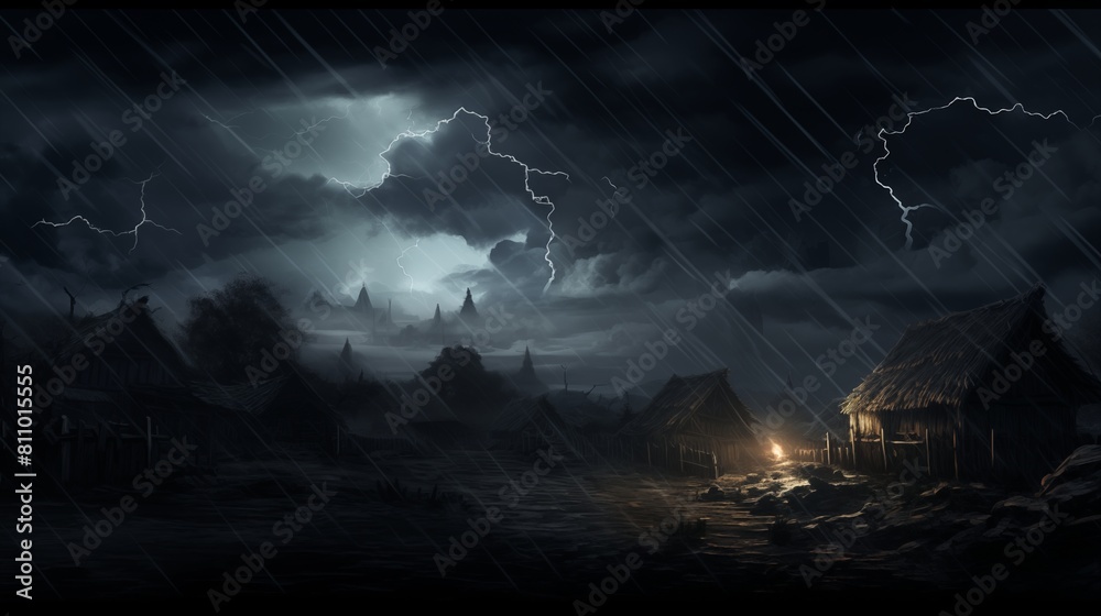 A Thunderstorm Looms Over a Small Village at Night, Illuminated by Fleeting Lightning