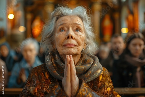 An older lady with a contemplative expression praying with hands clasped in a richly decorated church setting