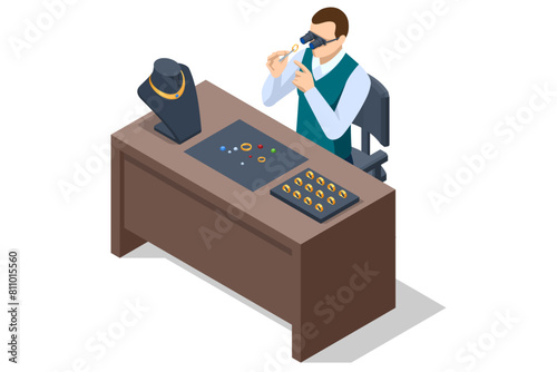 Isometric Professional Jewelry designer making handmade jewelry. Jeweler at work on his studio. Silver jewellery set with gemstones. Product still life concept