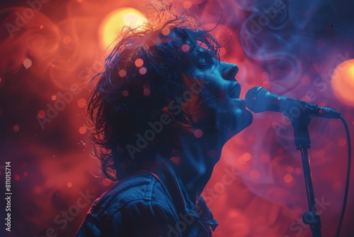 A musician passionately singing into a microphone with dramatic lighting and smoke effects