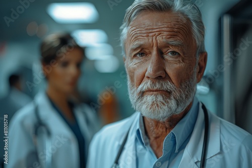 An elderly male doctor with a solemn expression, reflective of healthcare and experience in a medical setting