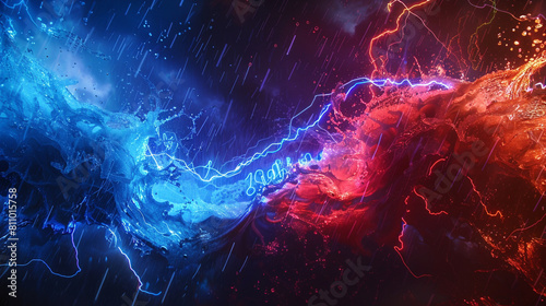 A vibrant clash of electric blue and bright red waves, their collision producing a visually stunning spectacle reminiscent of a neon sign in the rain. photo