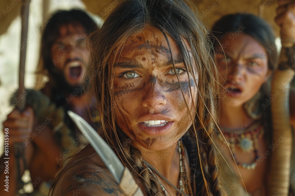 A young tribal woman with a striking fierce expression and warrior paint in a setting that conveys readiness