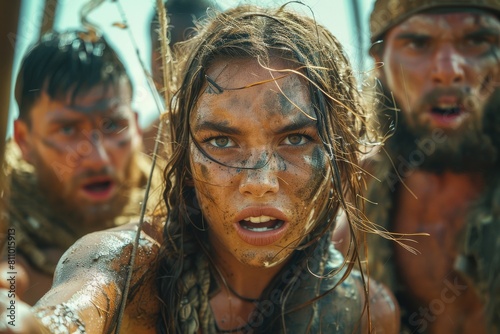 A group of tribal people with intense expressions prepare for a conflict, covered in mud and natural elements