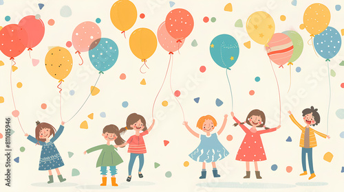 Children holding balloons and jumping at a children's party with a background featuring cute cartoon characters in a flat vector style.
