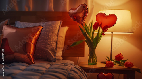 Cozy bedroom with dim lighting, a bouquet of tulips, and two red heart-shaped balloons on the nightstand. photo