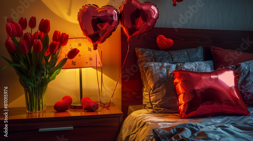 Cozy bedroom with dim lighting, a bouquet of tulips, and two red heart-shaped balloons on the nightstand. photo