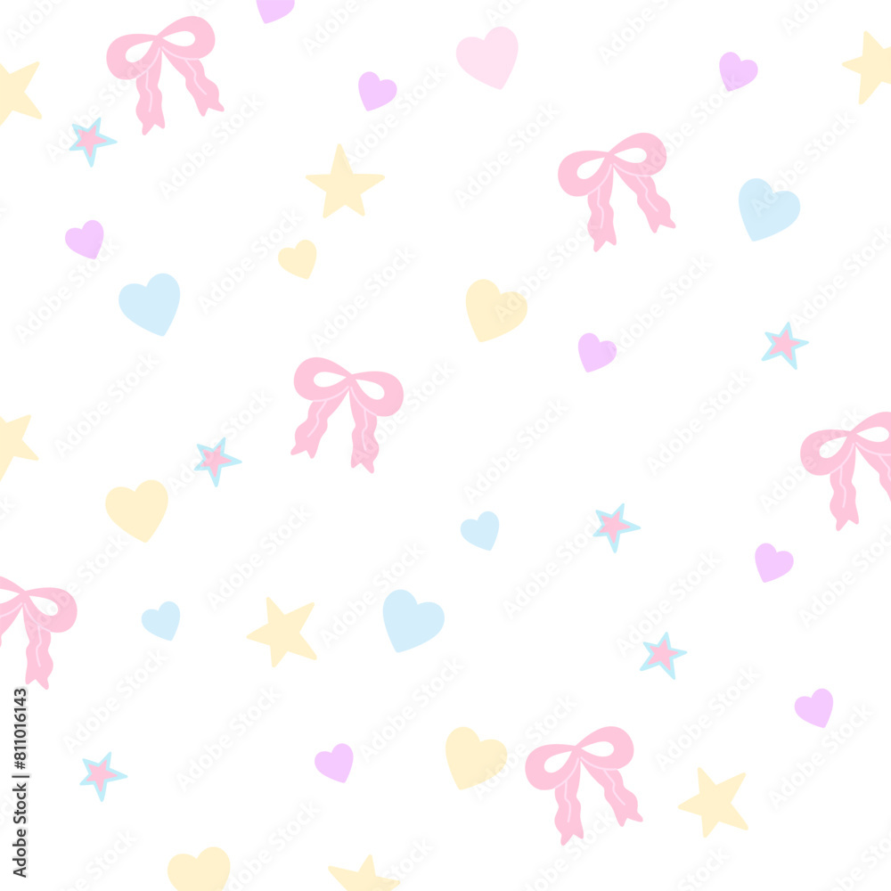 Illustration of pink ribbon, heart, star for Valentine card, girly pattern, kid clothes, gift wrap, packaging, background, fabric print, wallpaper, backdrop, picnic, spring, summer, textile, garment Illustration of pink ribbon, heart, star for Valentine card, girly pattern, kid clothes, gift wrap, packaging, background, fabric print, wallpaper, backdrop, picnic, spring, summer, textile, garment
