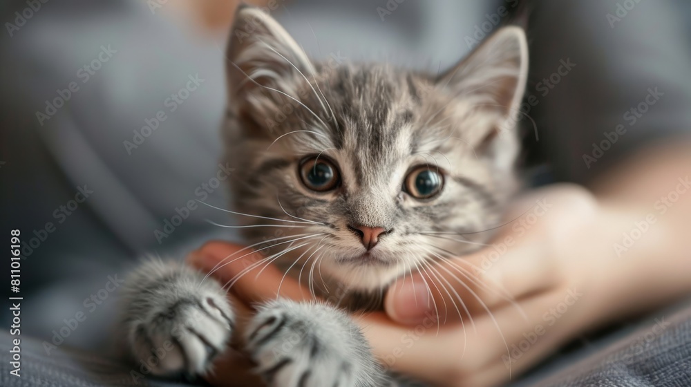 A cute gray kitten is being petted by a human hand