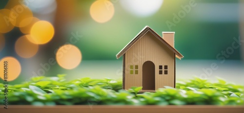 A cardboard house model in blur garden with bokeh background, business and investment growth concept, banner, copy space, advertisment