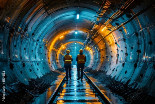 Two engineers with safety gear are inspecting a futuristic tunnel infrastructure, depicting progress and engineering