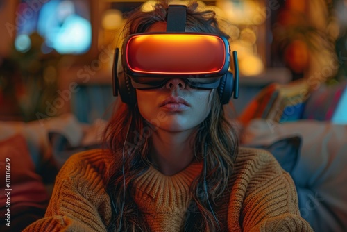 An individual engrossed in a virtual world, wearing VR headset and headphones seated comfortably