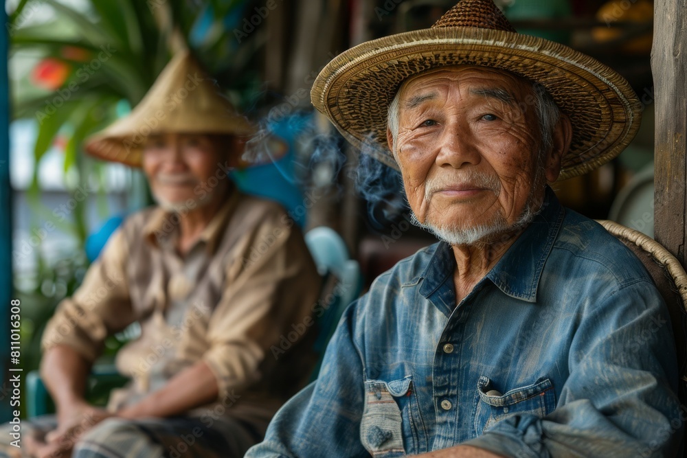 Elderly Asian man with a traditional hat smoking and relaxing with a peaceful expression, conveying a sense of tradition and culture