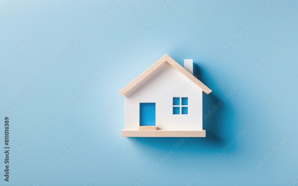 Wooden minimal house model isolated on pastel blue background, Real estate and property concept, Banner, Advertisement Wooden minimal house model isolated on pastel blue background, Real estate and property concept, Banner, Advertisement