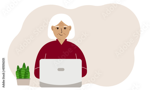 A woman is working or studying at a laptop. Freelancing or distance learning and work concept. Vector flat illustration.