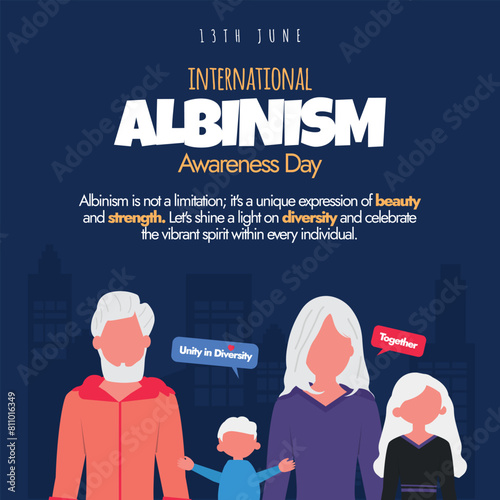 International Albinism Awareness day. 13 June Albinism awareness day banner, social media post with albinos people. Albinism is a genetic condition in which the skin, hair, and eyes lack pigmentation