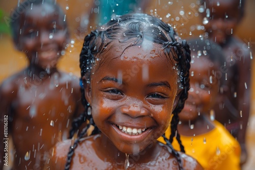 A young girl grinning broadly as water droplets fall around her  highlighting enjoyment and genuine happiness