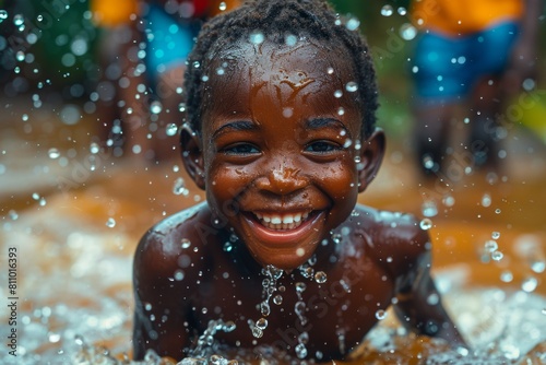 A happy young child is immersed in water, enjoying the sensation of water drops on their face while flashing a bright smile