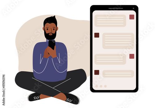 A man sits and holds a phone. The correspondence is visible on the screen. Concept of chat, sms, service, technical support. Vector flat illustration.