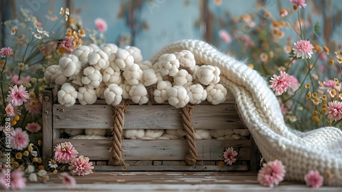 new born backdrop-a cozy and rustic digital backdrop with a wooden crate, fluffy blankets, and dainty floral accents, perfect for capturing the warmth of newborn snuggles photo