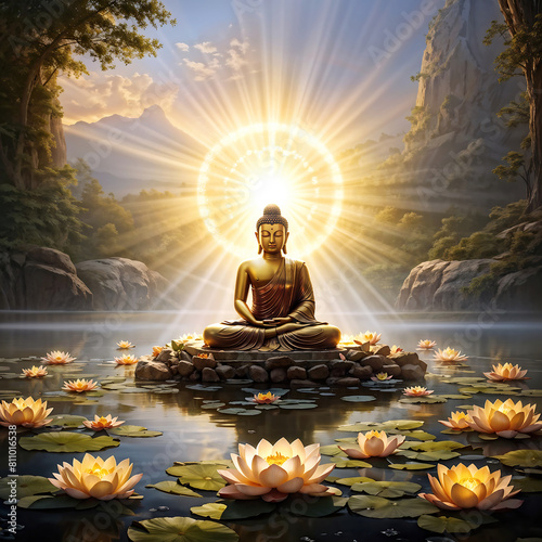Birth of buddha meditating within a colossal lotus radiant light emanating from petals. Vesak day concept, generative ai. photo