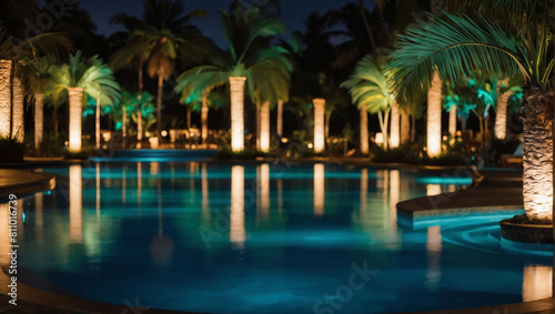 Nighttime Oasis  Luxurious Tropical Resort Pool Glowing in the Dark