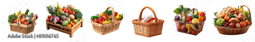 Set of basket full of assorted grocery products isolated on transparent background  without background .PNG