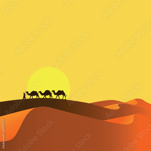 A desert at sunset and a caravan wandering through the dunes. Vector landscape.