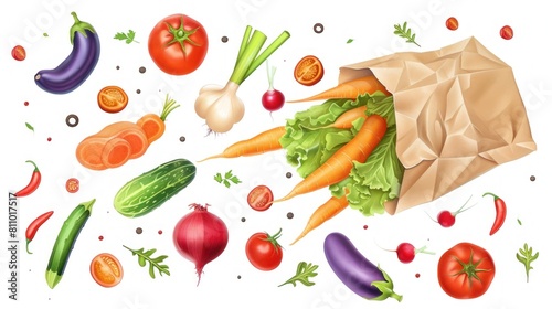Fresh vegetables spilling out of a paper bag with a white background