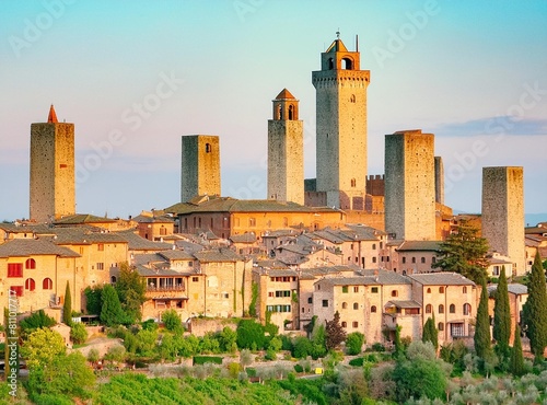 Medieval San Gimignano hill town with skyline of medieval towers. Sienna, Italy.