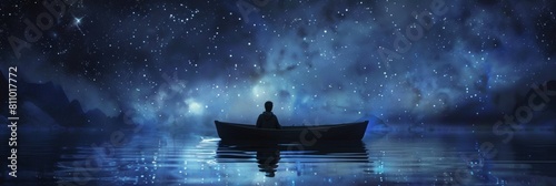 A lonely boat in water in lake with starring night sky. photo