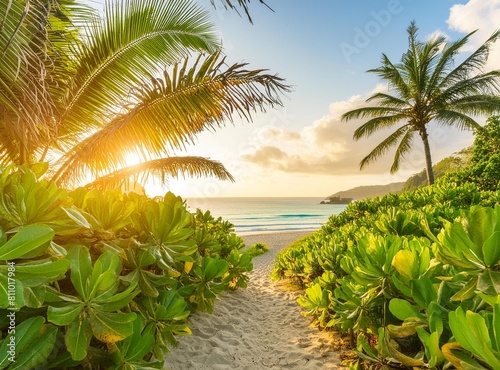 Sandy path leading to a tranquil  turquoise beach framed by lush green tropical plants
