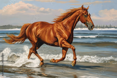 horse on the beach  The chestnut horse is depicted in full gallop  its powerful muscles rippling as it moves gracefully along the shore