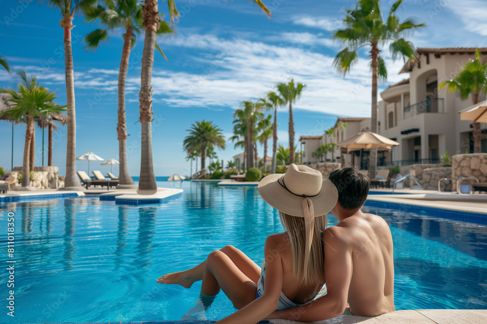 Rear view of couple relaxing by the pool in luxury hotel. Summer, holiday and lifestyle concept