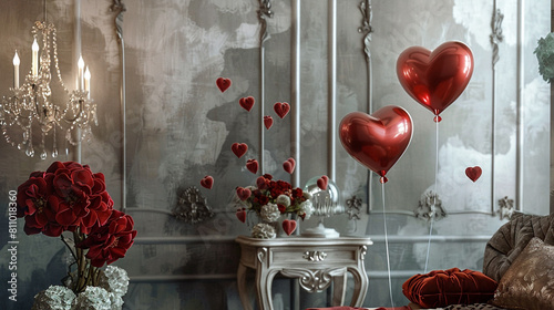 Glamorous bedroom with chic decor, luxurious velvet flowers, and two red heart balloons floating near a crystal chandelier.