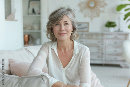 Happy elegant senior woman sitting in living room at home. Relaxation, wellbeing concept