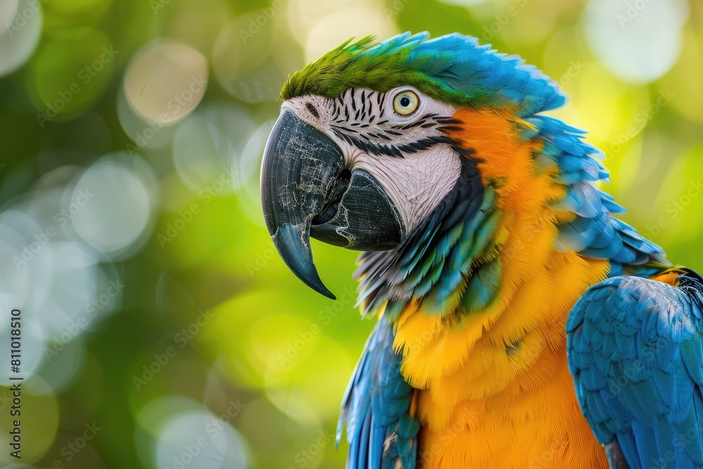 Closeup of colorful macaw parrot, portrait. Digital photography, high resolution, shallow depth of field, vibrant colors, green background.