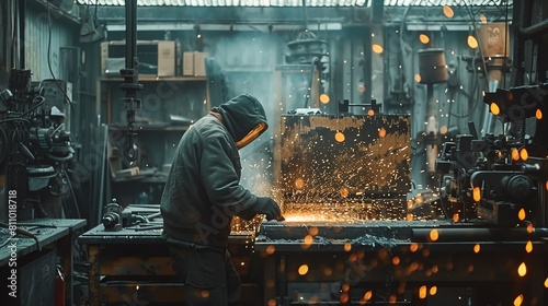 Dramatic wide shot of a metal workshop, worker in motion grinding metal, with a backdrop filled with industrial tools photo