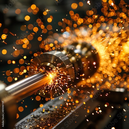 Close-up of sparks flying from a grinder at a metal workshop, intense focus on the action and bright contrasts